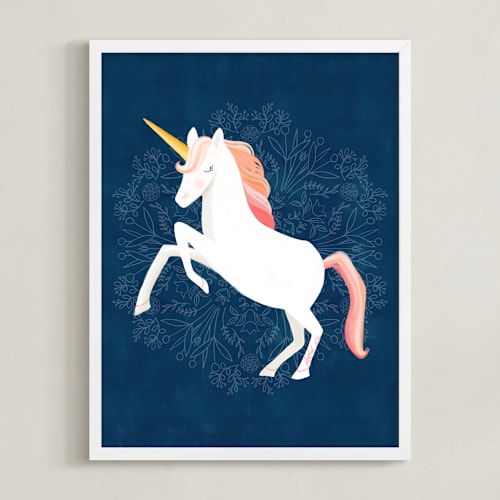 This is a navy kids wall art by Little Miss Missy called unicorn & blooms