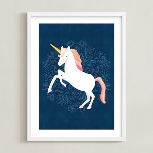 This is a navy kids wall art by Little Miss Missy called unicorn & blooms