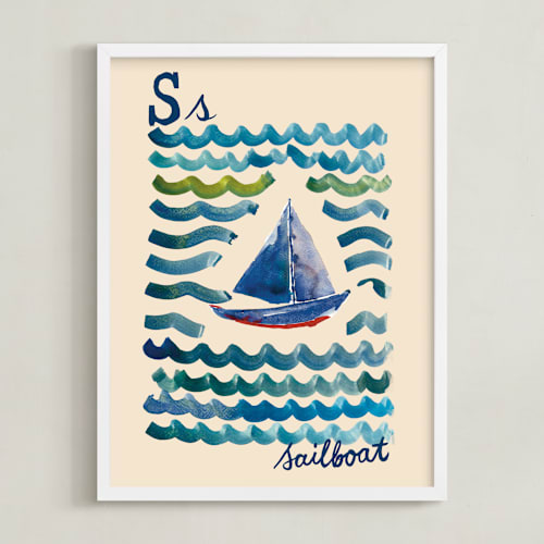 This is a ocean blue kids wall art with standard by Samantha Tang called s for sailboat