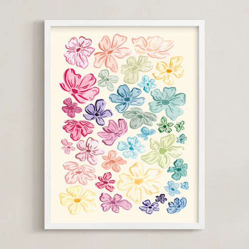 This is a pale sunshine kids wall art by The Scribblist called a rainbow of flowers