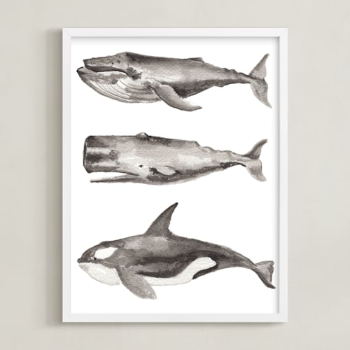 This is a grey kids wall art with standard by Two if by Sea Studios called three stacked whales
