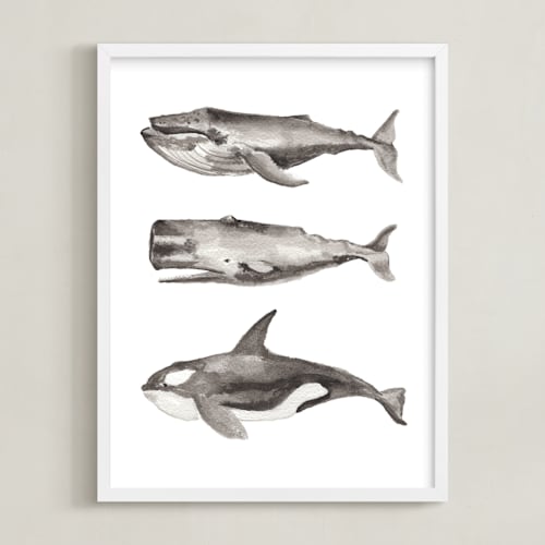 This is a grey kids wall art with standard by Two if by Sea Studios called three stacked whales