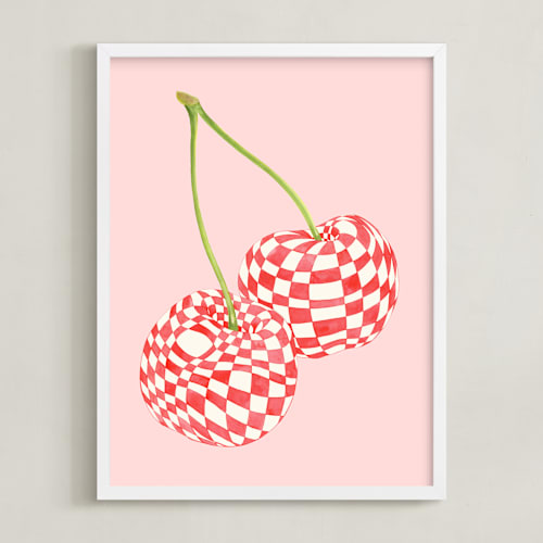 This is a pastel pink kids wall art with standard by Luci Power called checkerboard cherries