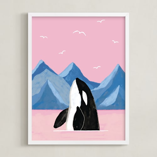 This is a bublegum kids wall art by Cass Loh called pink sea and orca