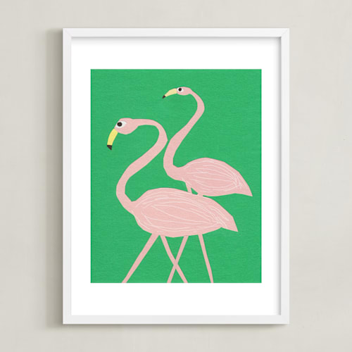 This is a grass green kids wall art by Elliot Stokes called flamingo amigos