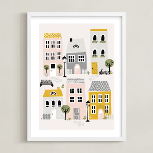 This is a blush kids wall art with standard by Iveta Angelova called little town
