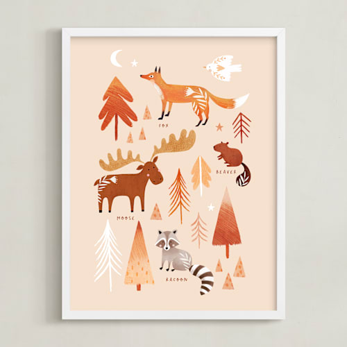 This is a earthy beige kids wall art with standard by Tati Abaurre called woodland animals