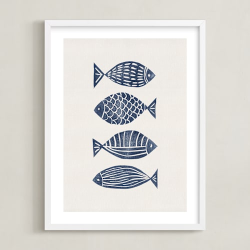This is a navy blue kids wall art with standard by Alisa Galitsyna called linocut fishes