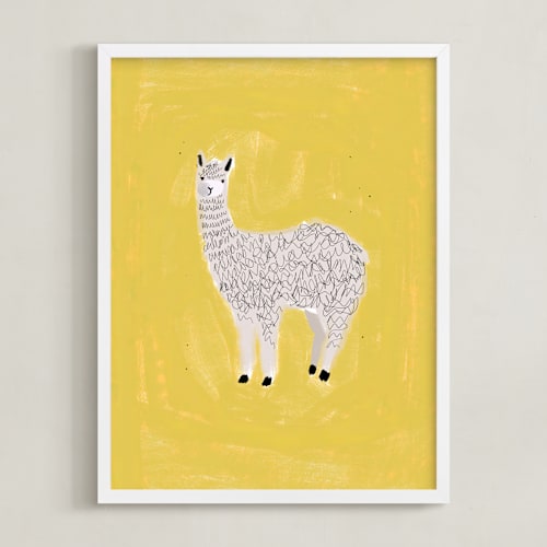 This is a yellow kids wall art by SALLY MURPHY called sunshine alpaca