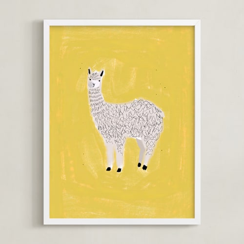This is a yellow kids wall art with standard by SALLY MURPHY called sunshine alpaca