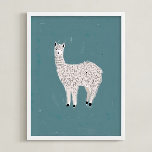 This is a dark teal kids wall art by SALLY MURPHY called sunshine alpaca