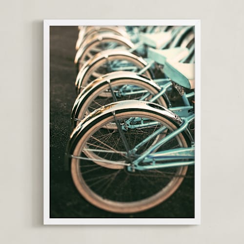 This is a light blue kids wall art by ALICIA BOCK called let's all ride