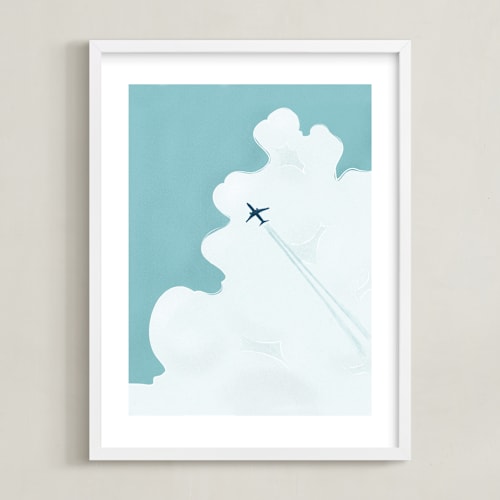 This is a sunny sky blue kids wall art by Anika Orrock called the next adventure