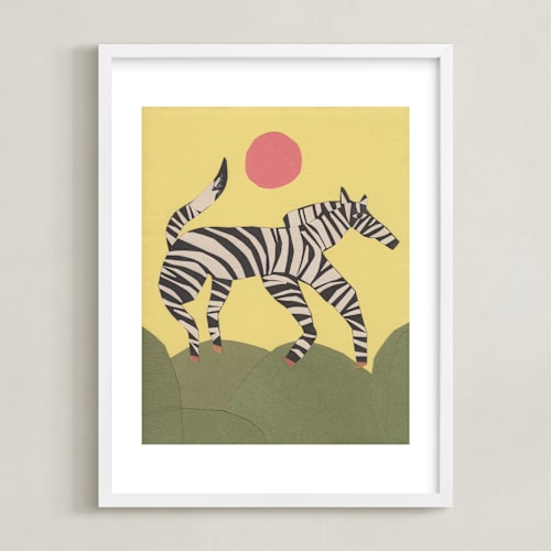 This is a soft yellow sunlight kids wall art by Elliot Stokes called black and white horse