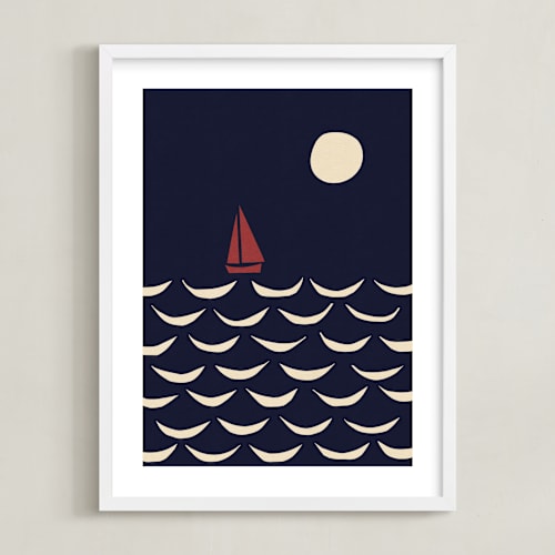 This is a night sea blue kids wall art by Alisa Galitsyna called little boat