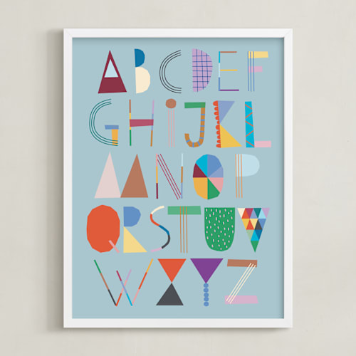 This is a sea foam kids wall art by lulu and isabelle called the most colorful alphabet