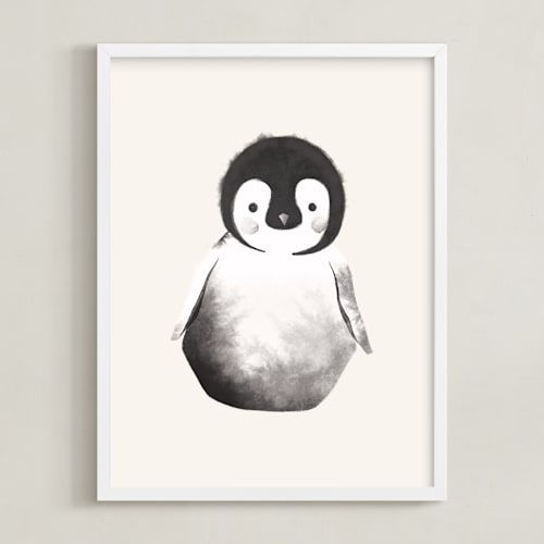 This is a beige kids wall art by Vivian Yiwing called baby penguin
