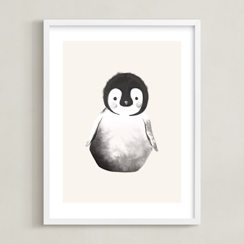 This is a beige kids wall art by Vivian Yiwing called baby penguin