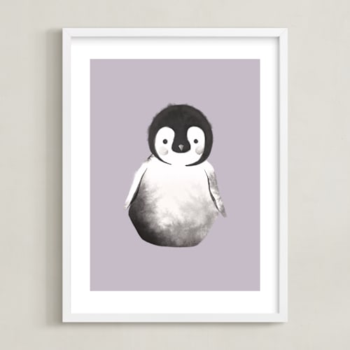 This is a purple kids wall art by Vivian Yiwing called baby penguin