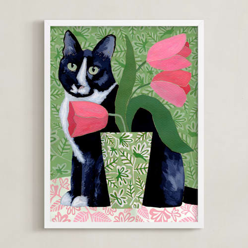 This is a dusty green kids wall art with standard by Susan Black called tuxedo cat barry with pink tulips