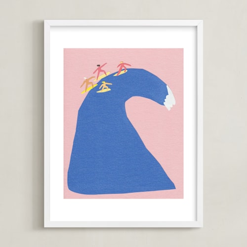 This is a coral pink kids wall art by Elliot Stokes called surf's up