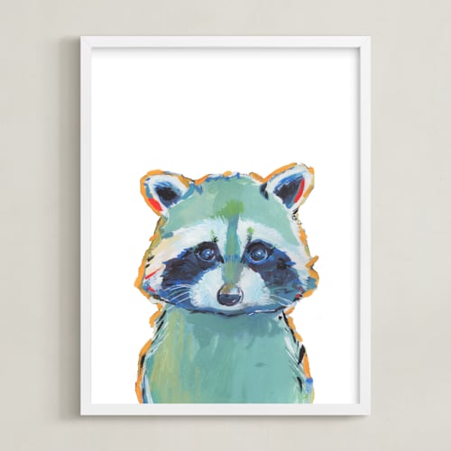 This is a teal kids wall art by Makewells called mr. raccoon