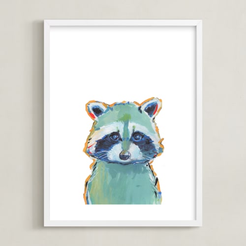 This is a teal kids wall art by Makewells called mr. raccoon