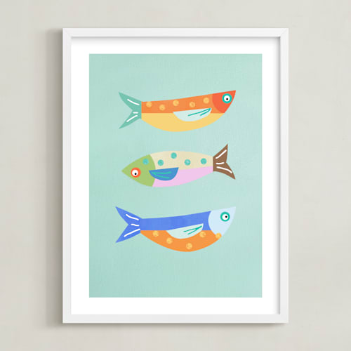 This is a blue kids wall art by AlisonJerry called fun sardines!