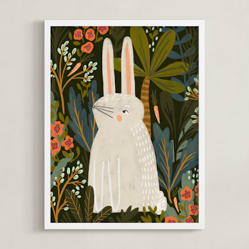 This is a forest green kids wall art by SALLY MURPHY called bunny jungle