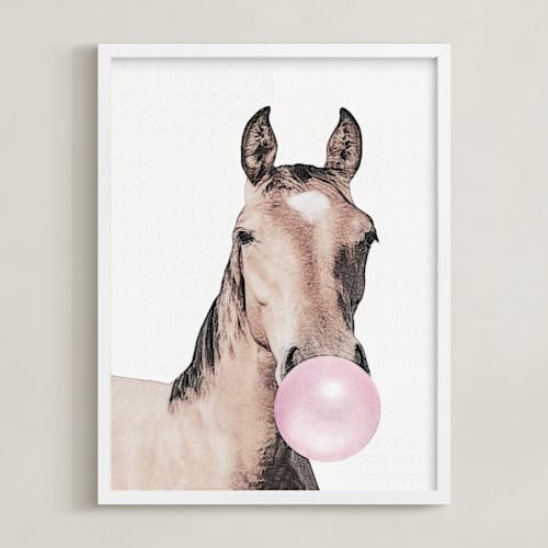 This is a bubblegum pink kids wall art by Maja Cunningham called bubblegum: horse