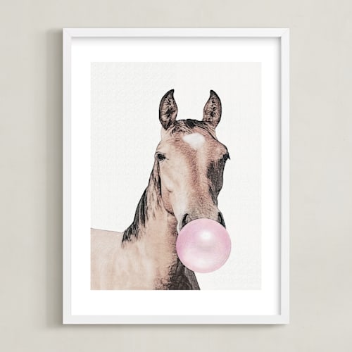 This is a bubblegum pink kids wall art by Maja Cunningham called bubblegum: horse