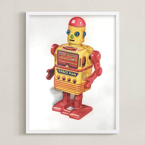This is a canary yellow kids wall art by Ed Hogan called space man robot