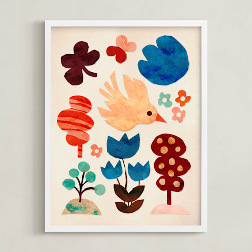 This is a off white kids wall art by Mojca Dolinar called bird and the forest