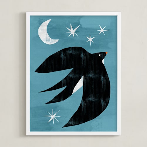 This is a blue teal kids wall art with standard by Mojca Dolinar called evening swallow