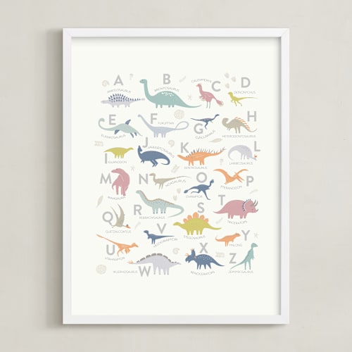 This is a white art by Teju Reval called alphabet dinos