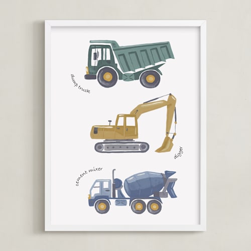 This is a sage green art by Alice Nelen called tons of trucks