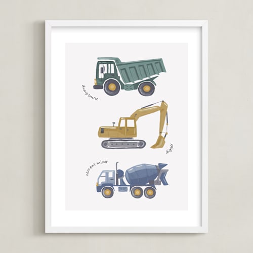 This is a sage green art by Alice Nelen called tons of trucks