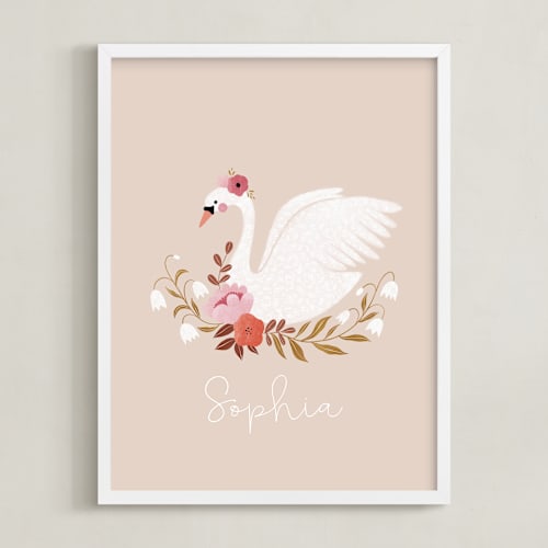 This is a blush nursery wall art by Tati Abaurre called romantic swan