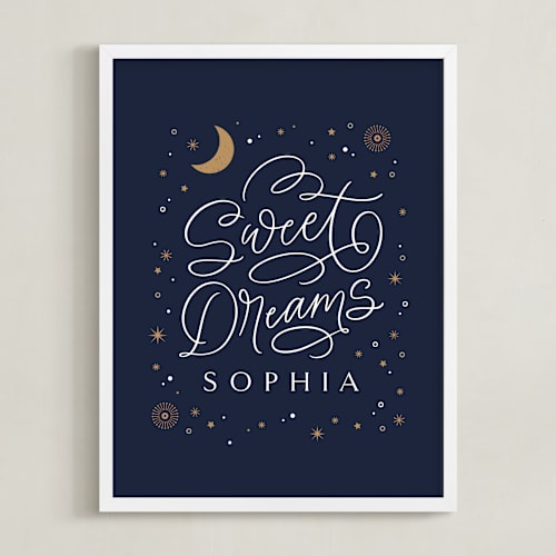 This is a midnight blue nursery wall art by Kristen Smith called sweet dreams little one
