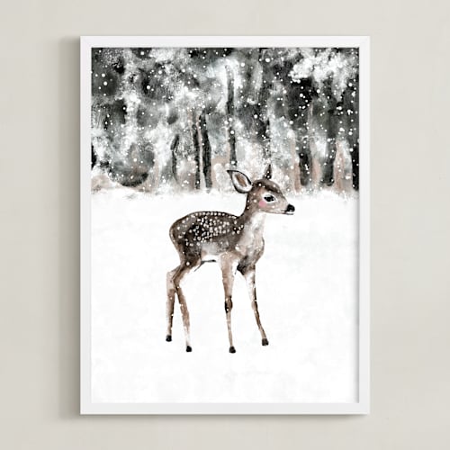 This is a charcoal gray nursery wall art by Cass Loh called winter baby deer