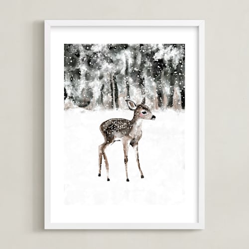 This is a charcoal gray nursery wall art by Cass Loh called winter baby deer