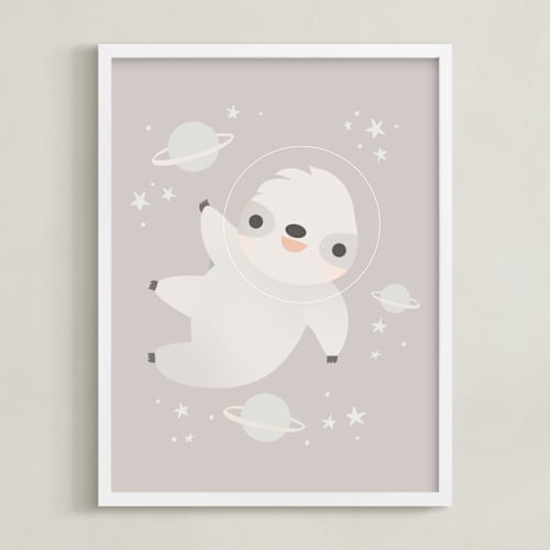 This is a gray nursery wall art by Lori Wemple called sloth in space