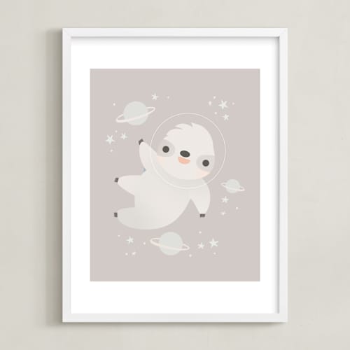 This is a gray nursery wall art by Lori Wemple called sloth in space