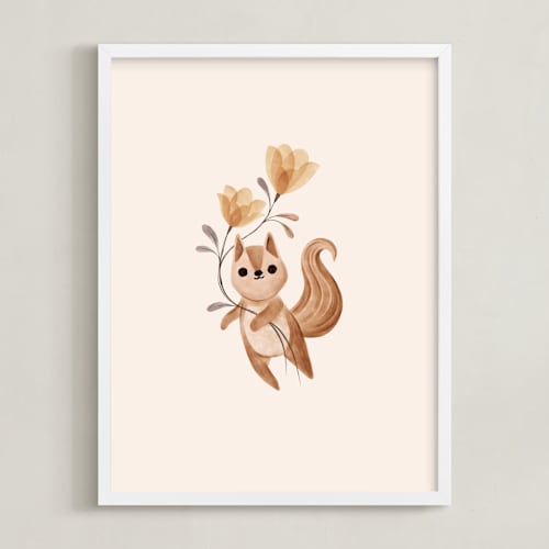 This is a tan nursery wall art by Vivian Yiwing called squirrel with flowers
