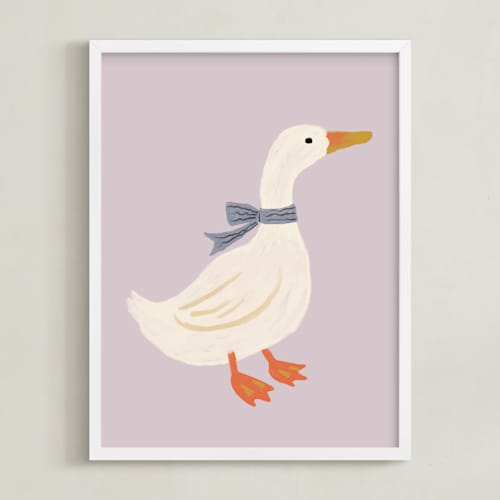 This is a lilac nursery wall art by Cass Loh called duck with ribbon