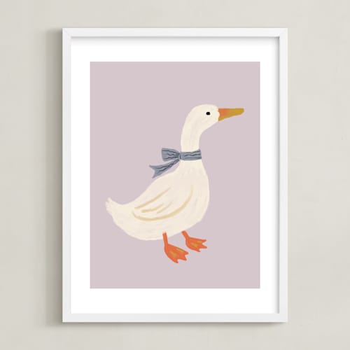 This is a lilac nursery wall art by Cass Loh called duck with ribbon