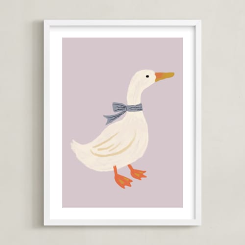 This is a lilac nursery wall art with standard by Cass Loh called duck with ribbon