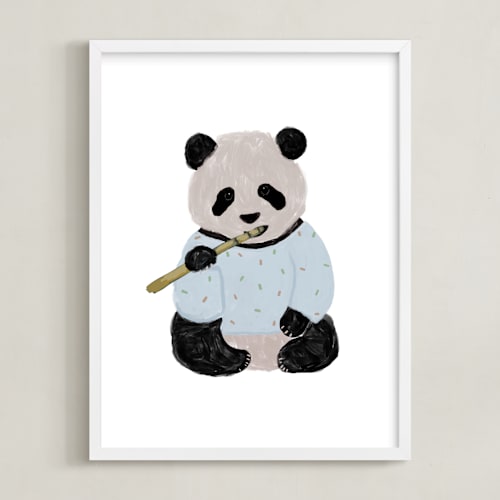 This is a powder blue nursery wall art by Cass Loh called yum yum bamboo