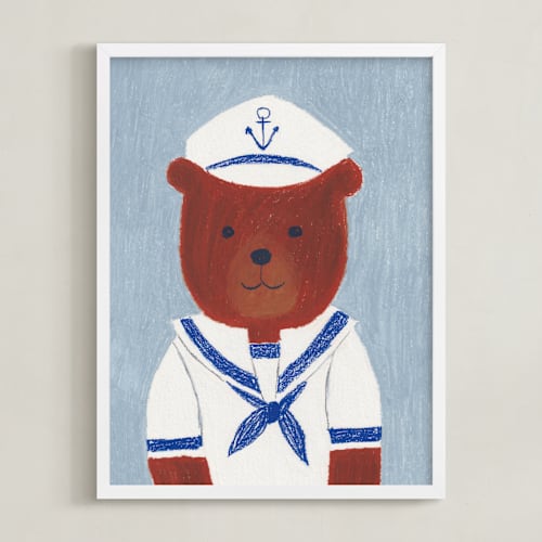 This is a dusty blue nursery wall art by Madhvi Samimi called sailor bear