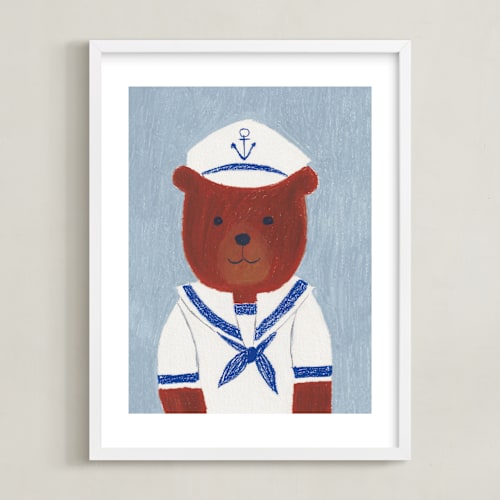 This is a dusty blue nursery wall art by Madhvi Samimi called sailor bear